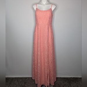 Azazie Liz Coral Lace Scoop Neck Spaghetti Strap Maxi Bridesmaid Gown Dress A12